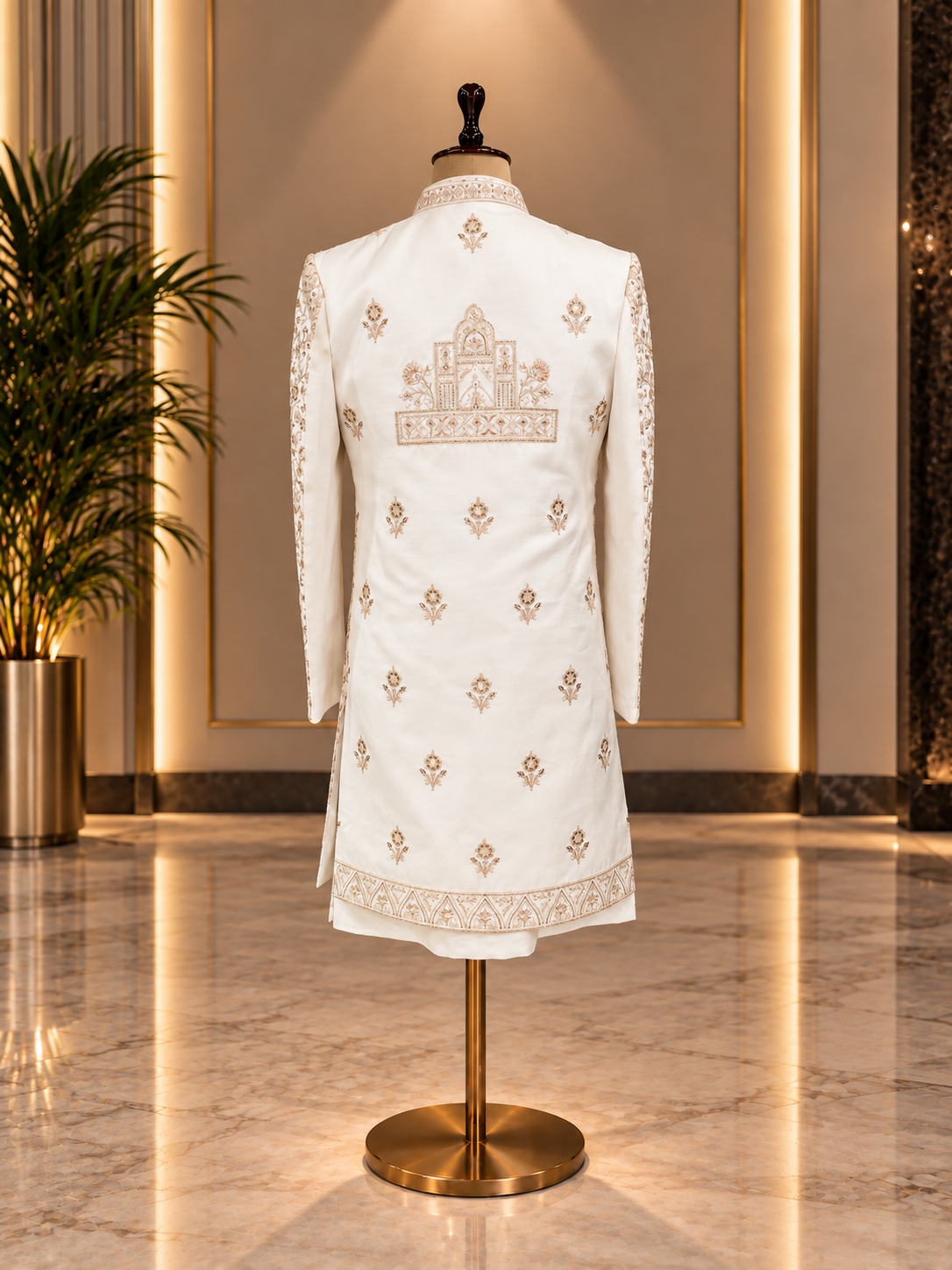 OFF WHITE SHERWANI WITH JACKET. SILK FABRIC WITH THREAD AND ZARI WORK
