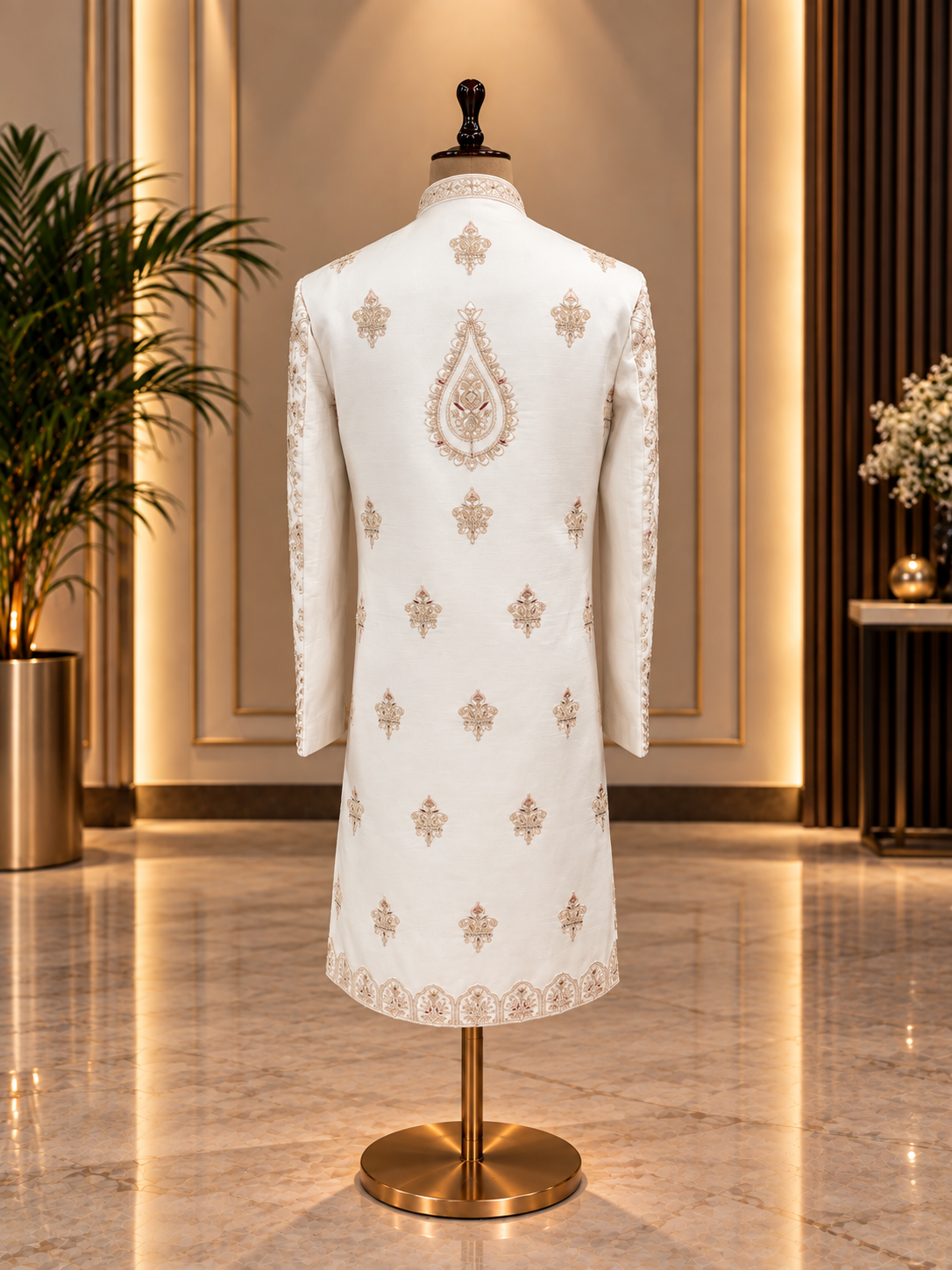 OFF WHITE SHERWANI WITH ALL OVER WORK IN SILK FABRIC