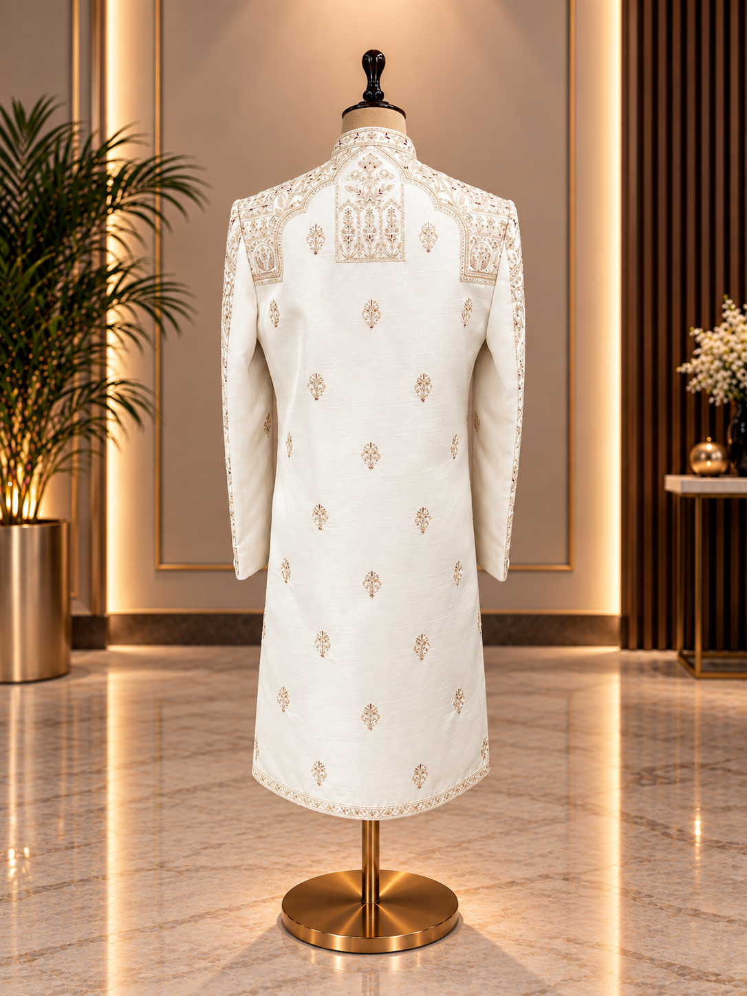 BEIGE SHERWANI CRAFTED IN SILK FABRIC WITH GOLDEN ZARI AND MAROON THREAD