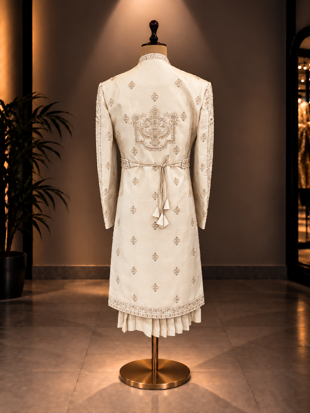 BEIGE SHERWANI IN SILK FABRIC AND PURE ZARDOZI WORK