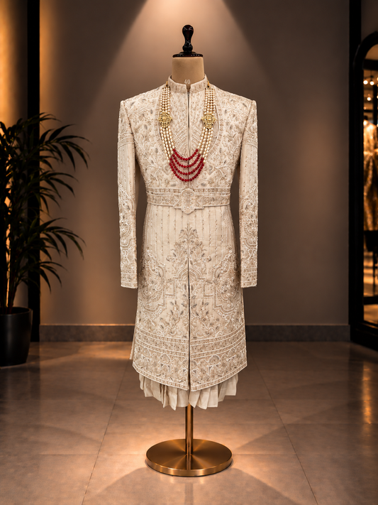 BEIGE SHERWANI IN SILK FABRIC AND PURE ZARDOZI WORK