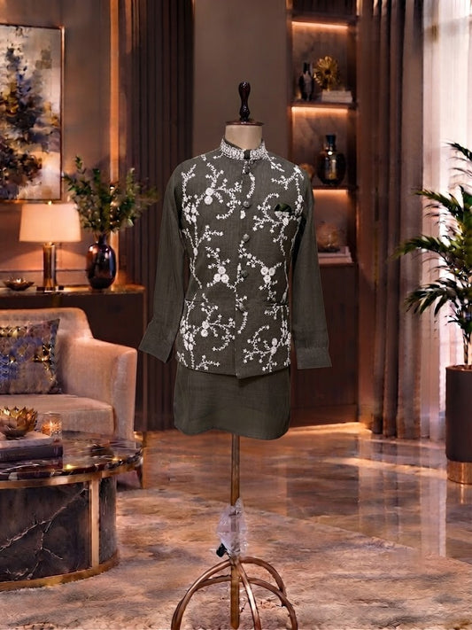 OLIVE WAISTCOAT SET WITH THREAD WORK