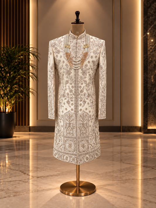 GOLDEN SHERWANI WITH INTRICATE WORK WITH ZARI
