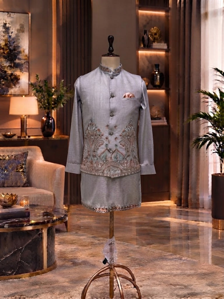 LINEN WAISTCOAT KURTA SET WITH THREAD WORK