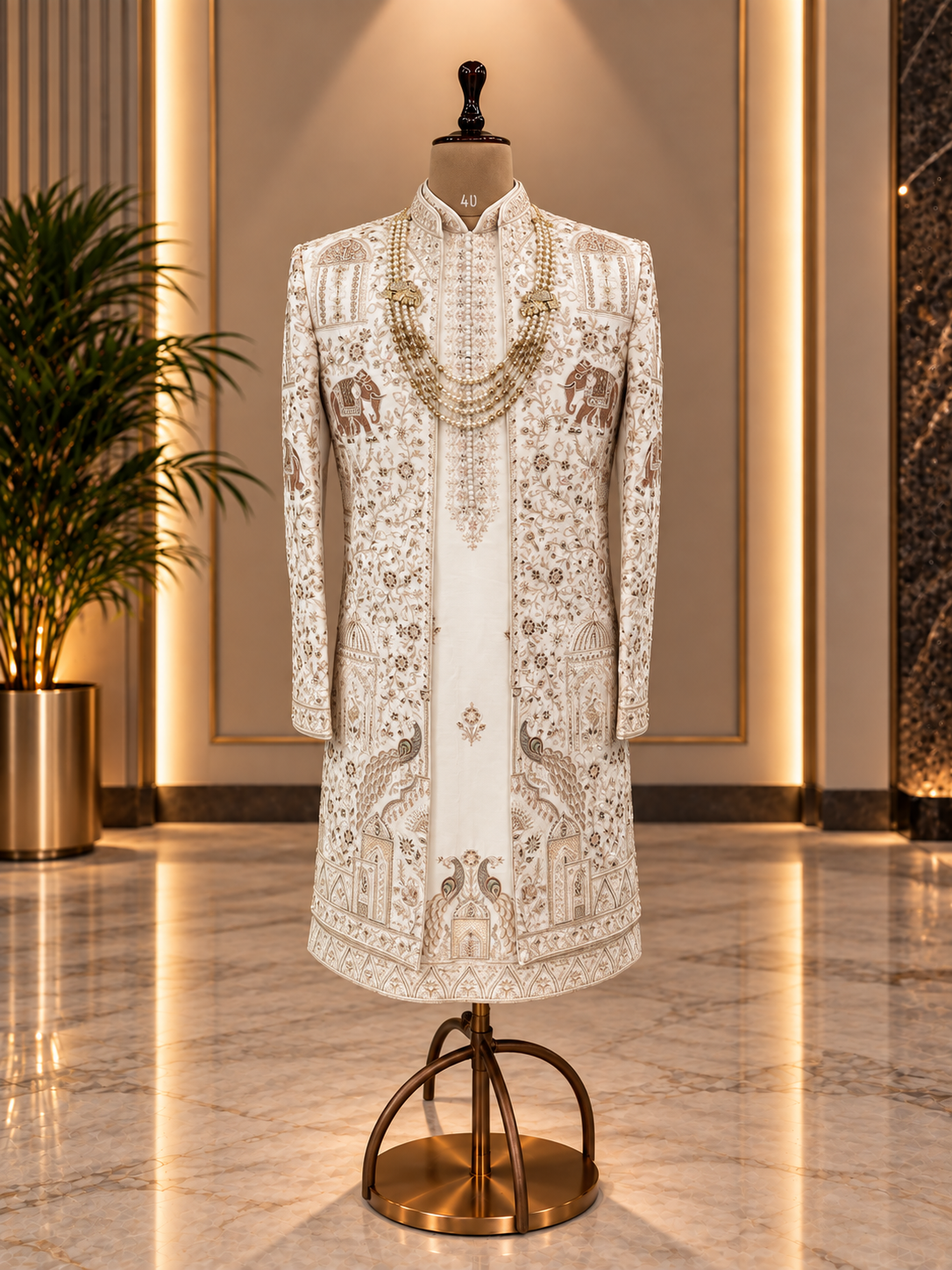 OFF WHITE SHERWANI WITH JACKET. SILK FABRIC WITH THREAD AND ZARI WORK
