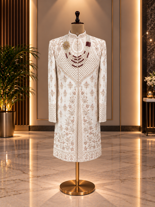 OFF WHITE SHERWANI WITH ALL OVER WORK IN SILK FABRIC