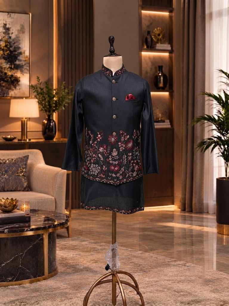 BLACK WAISTCOAT KURTA SET WITH THREAD WORK