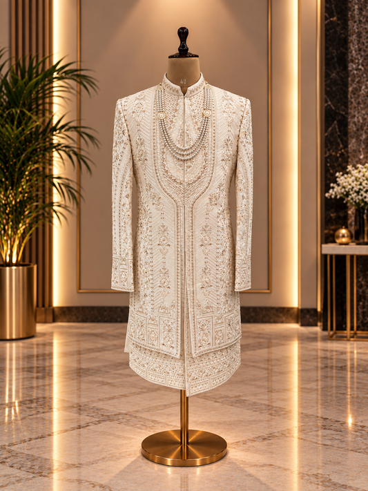 DESIGNER SHERWANI CRAFTED IN HAND WOVEN FABRIC WITH INTRICATE WORK