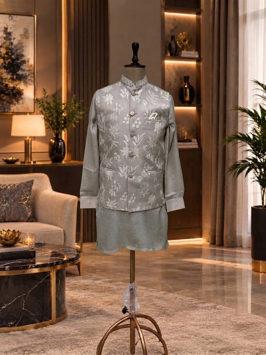 BEIGE WAISTCOAT KURTA SET WITH SELF THREAD WORK