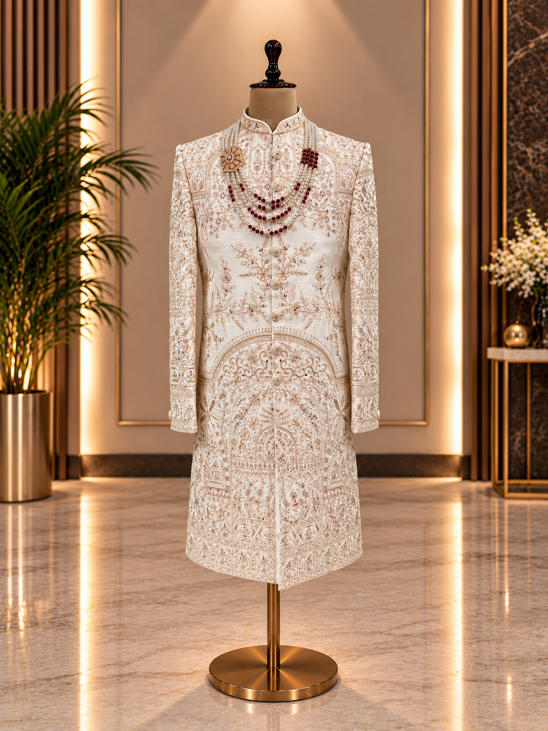 BEIGE SHERWANI CRAFTED IN SILK FABRIC WITH GOLDEN ZARI AND MAROON THREAD