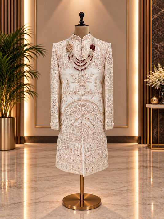 BEIGE SHERWANI CRAFTED IN SILK FABRIC WITH GOLDEN ZARI AND MAROON THREAD