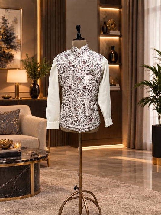 WAISTCOAT SET IN LINEN WITH HEAVY EMBROIDERY