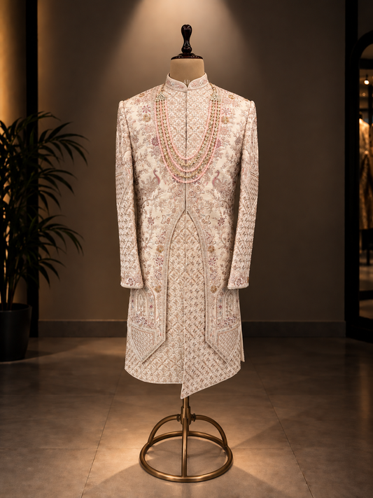 BEIGE SHERWANI WITH ZARDOZI HEAVY WORK