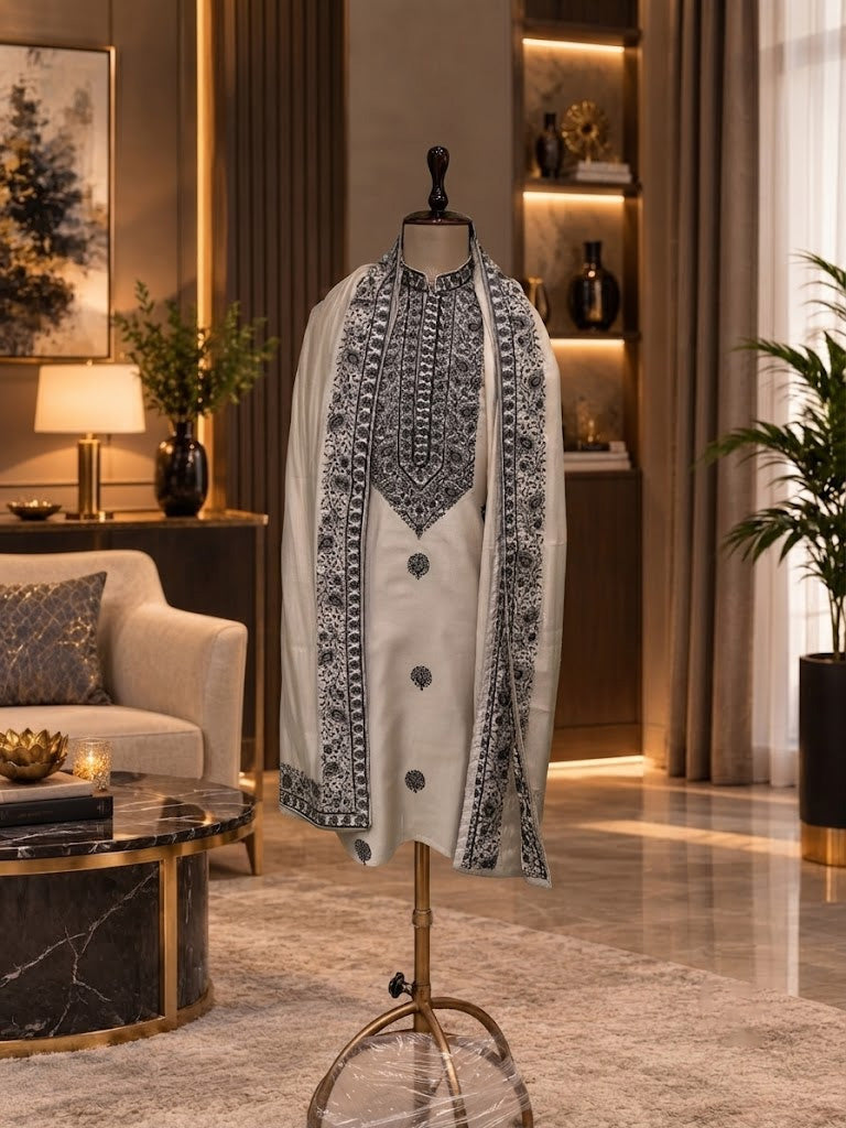 BEIGE KURTA WITH STOLE WITH ELEGANT THREAD WORK