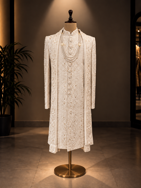 WHITE SHERWANI WITH REAL HANDWORK ZARDOZI WORK