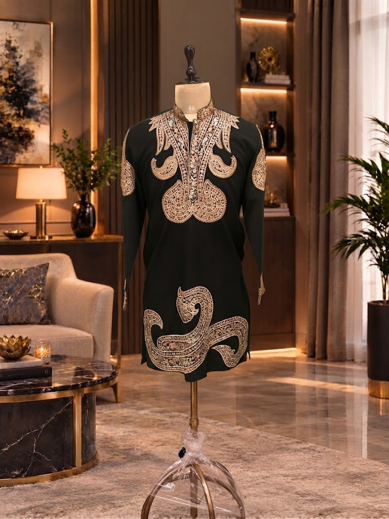 BLACK HEAVY THREAD WORK KURTA IN ARMANI FABRIC