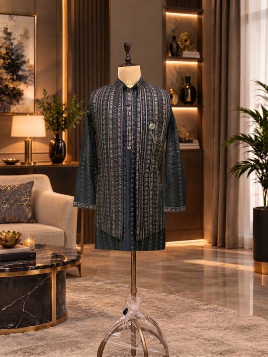 BLUE WAISTCOAT SET WITH THREAD WORK