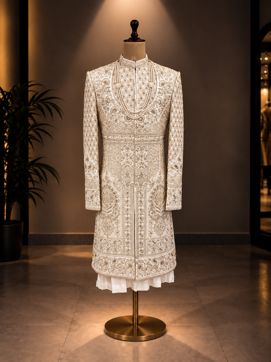 BEIGE SHERWANI WITH LAYERED JACKET STYLE