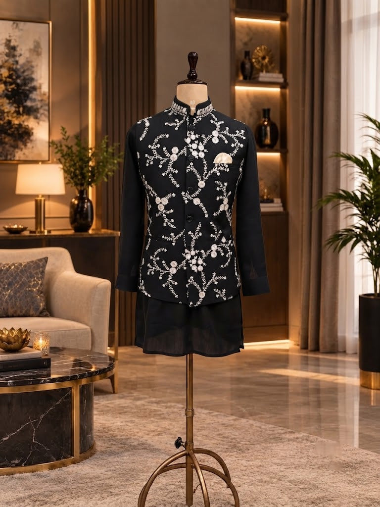 BLACK WAISTCOAT SET WITH WHITE THREAD WORK