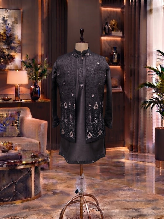 BROWN WAISTCOAT SET WITH THREAD WORK
