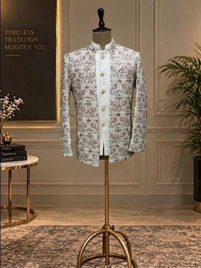 Beige front open Jodhpuri with thread work