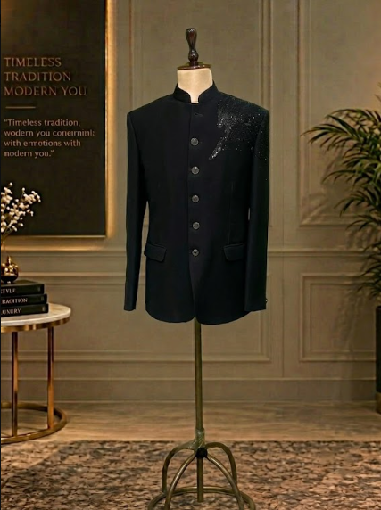 Black Jodhpuri with classic horse hand embroidery on shoulder