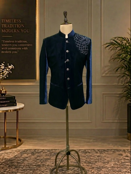 Blue velvet classics Jodhpuri with handwork