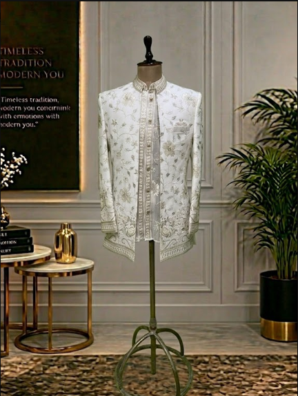 Front open Jodhpuri with white shirt in georgette fabric