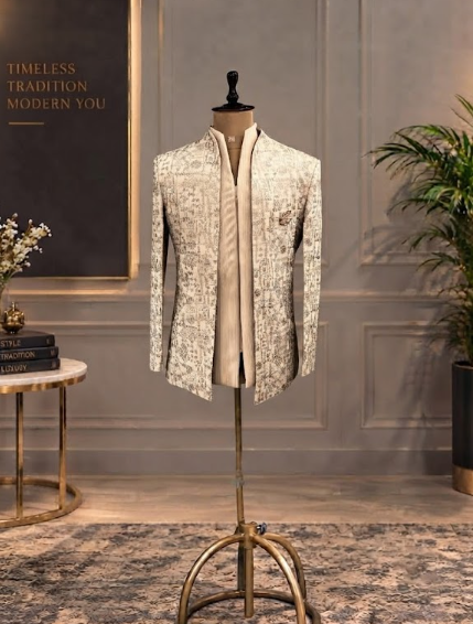 Peach Jodhpuri with v neck jacket