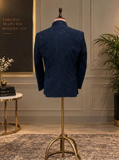 Teal front open Jodhpuri with all over thread work