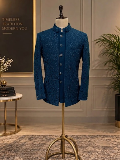 Teal front open Jodhpuri with all over thread work