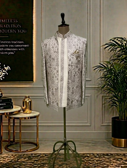 White front open Jodhpuri with thread work