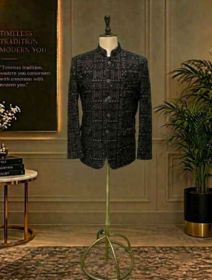 Wine velvet classic Jodhpuri with black trousers